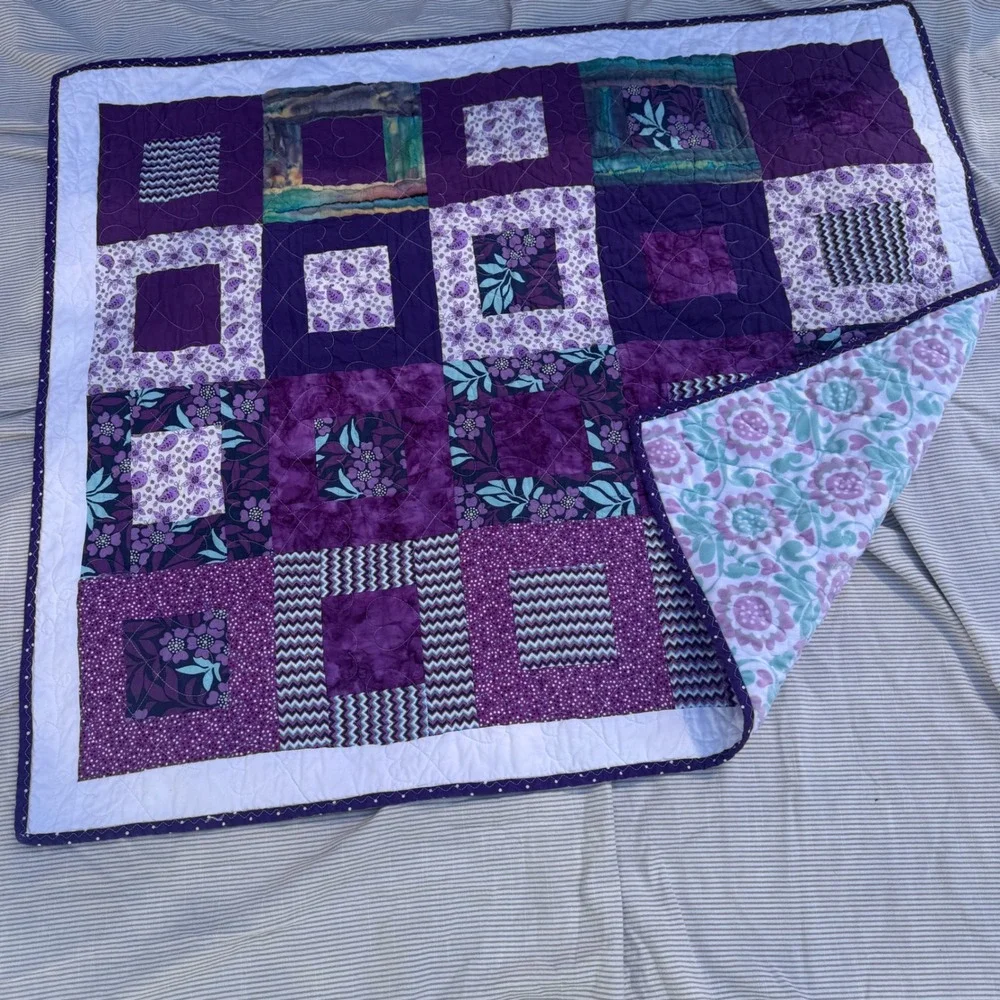 Handmade Patchwork Quilt 35x41 Purple Floral Minky Fleece Tie Dye Boho Baby